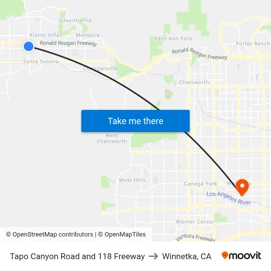 Tapo Canyon Road and 118 Freeway to Winnetka, CA map