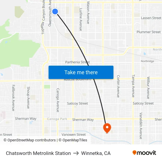 Chatsworth Metrolink Station to Winnetka, CA map