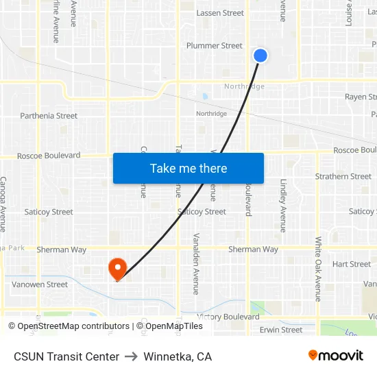 CSUN Transit Center to Winnetka, CA map