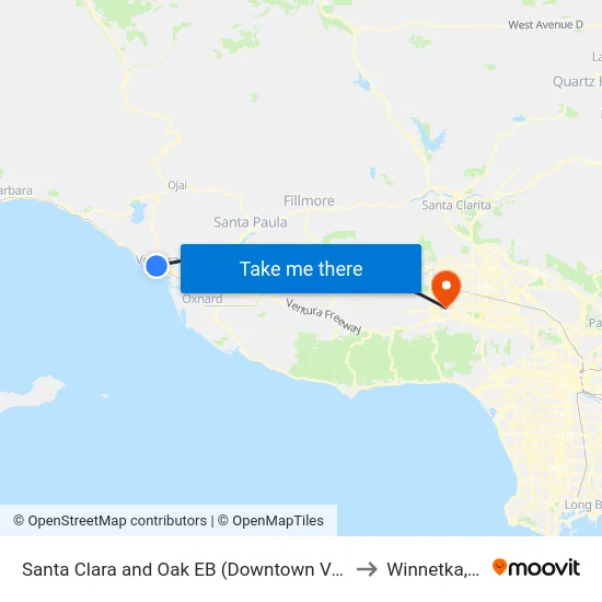 Santa Clara and Oak EB (Downtown Ventura) to Winnetka, CA map