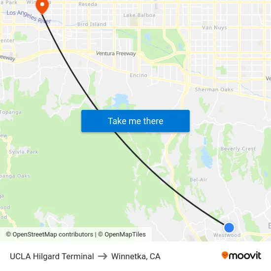 UCLA Hilgard Terminal to Winnetka, CA map