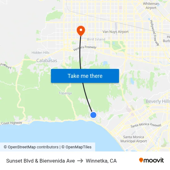 Sunset Blvd & Bienvenida Ave to Winnetka, CA map