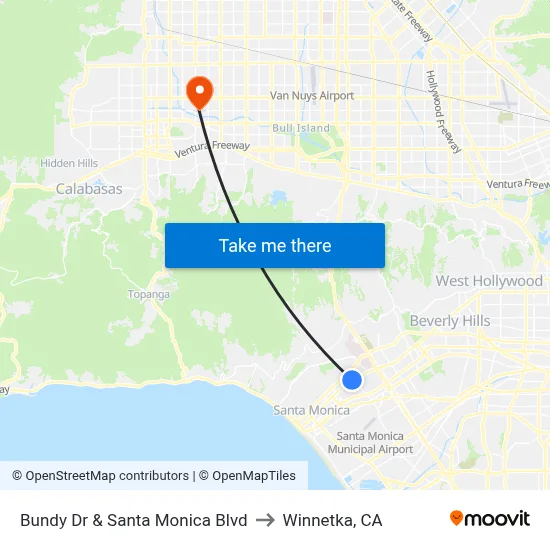 Bundy Dr & Santa Monica Blvd to Winnetka, CA map