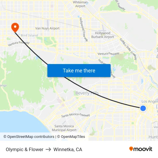 Olympic & Flower to Winnetka, CA map