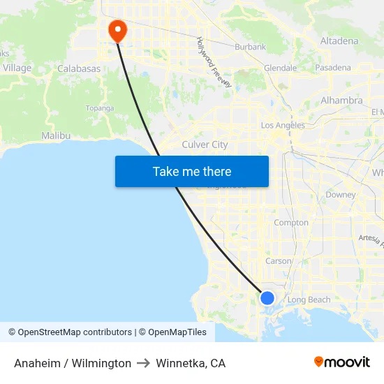 Anaheim / Wilmington to Winnetka, CA map