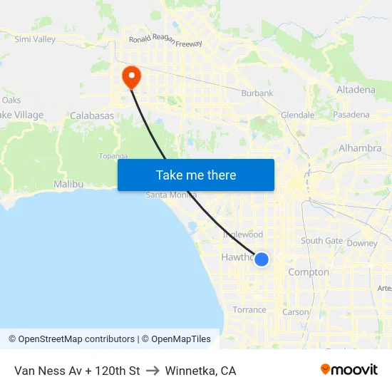 Van Ness Av + 120th St to Winnetka, CA map