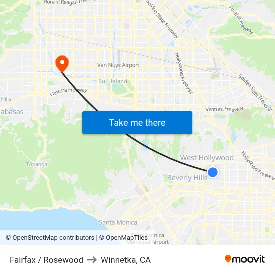 Fairfax / Rosewood to Winnetka, CA map