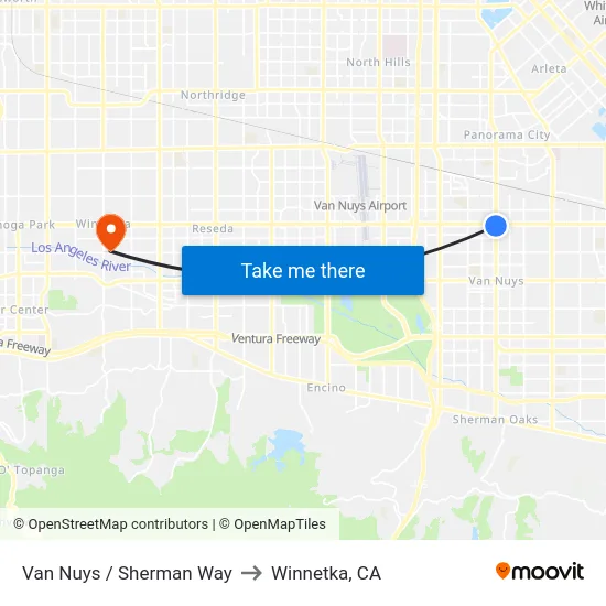 Van Nuys / Sherman Way to Winnetka, CA map