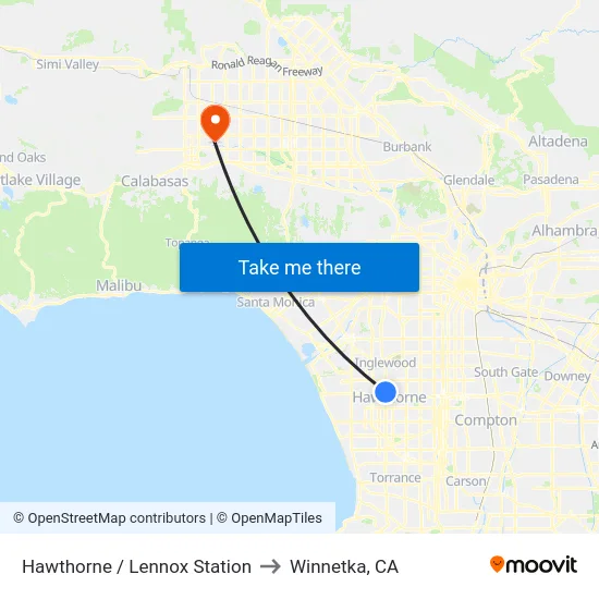 Hawthorne / Lennox Station to Winnetka, CA map