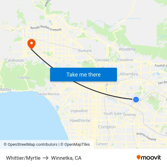 Whittier/Myrtle to Winnetka, CA map
