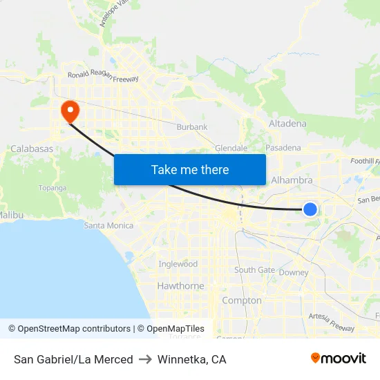 San Gabriel/La Merced to Winnetka, CA map