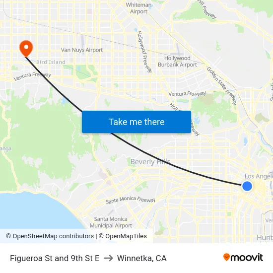 Figueroa St and 9th St E to Winnetka, CA map