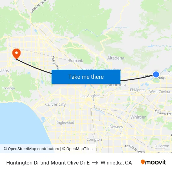Huntington Dr and Mount Olive Dr E to Winnetka, CA map