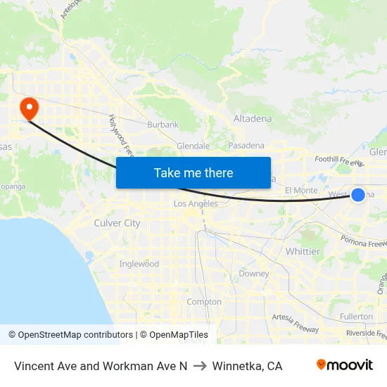 Vincent Ave and Workman Ave N to Winnetka, CA map