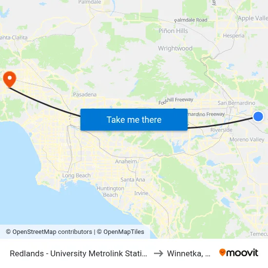 Redlands - University Metrolink Station to Winnetka, CA map
