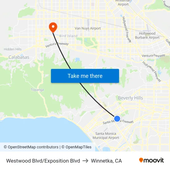 Westwood Blvd/Exposition Blvd to Winnetka, CA map