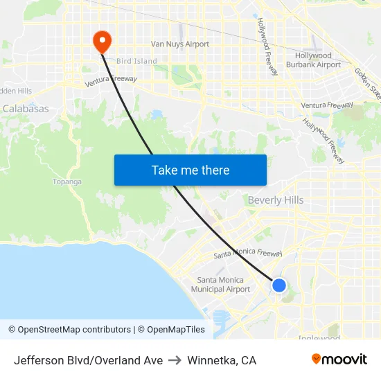 Jefferson Blvd/Overland Ave to Winnetka, CA map