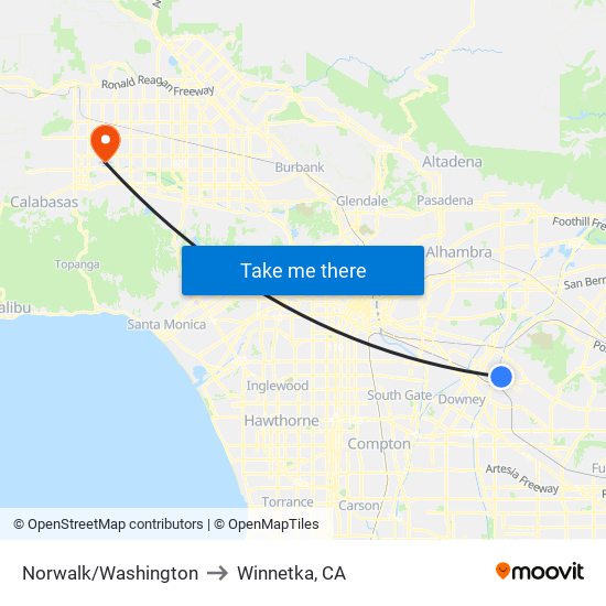 Norwalk/Washington to Winnetka, CA map