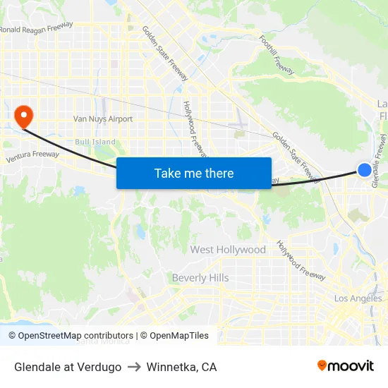 Glendale at Verdugo to Winnetka, CA map