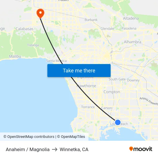 Anaheim / Magnolia to Winnetka, CA map