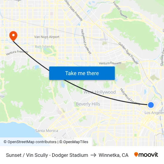 Sunset / Vin Scully - Dodger Stadium to Winnetka, CA map