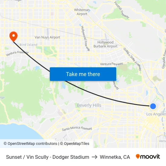 Sunset / Vin Scully - Dodger Stadium to Winnetka, CA map