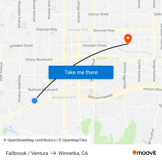Fallbrook / Ventura to Winnetka, CA map
