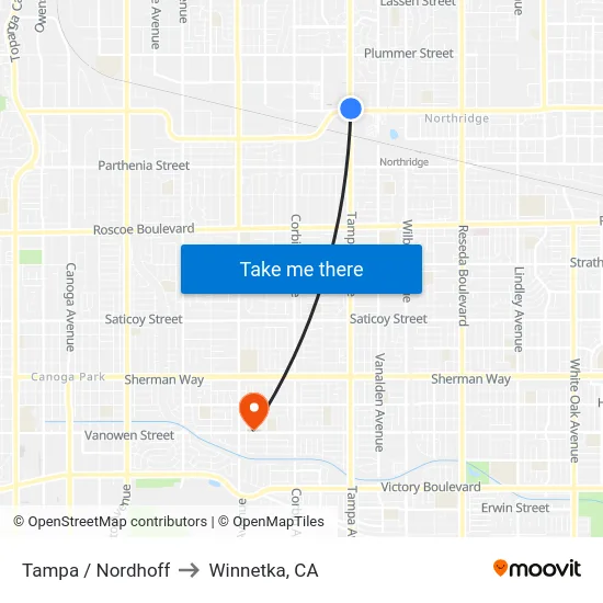 Tampa / Nordhoff to Winnetka, CA map