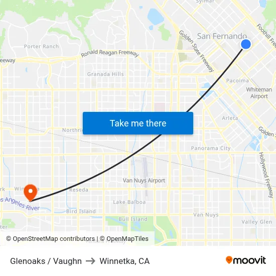 Glenoaks / Vaughn to Winnetka, CA map
