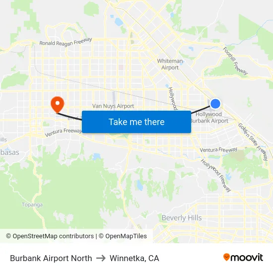 Burbank Airport North to Winnetka, CA map