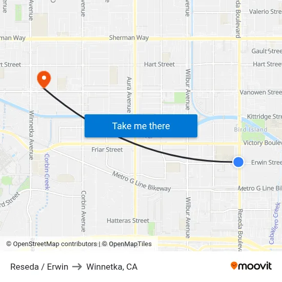 Reseda / Erwin to Winnetka, CA map