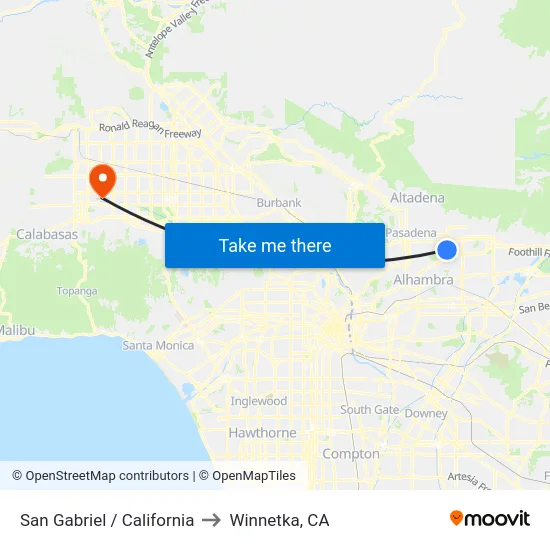 San Gabriel / California to Winnetka, CA map