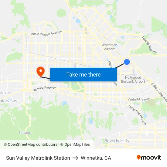 Sun Valley Metrolink Station to Winnetka, CA map