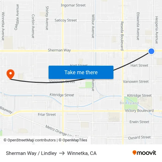 Sherman Way / Lindley to Winnetka, CA map