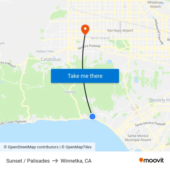 Sunset / Palisades to Winnetka, CA map