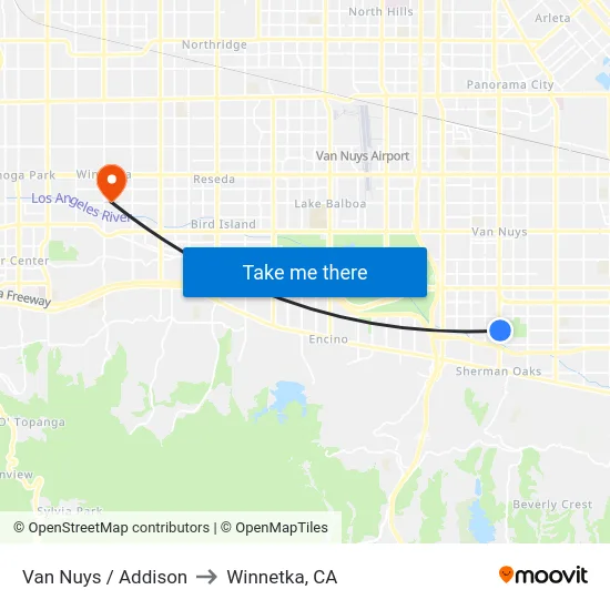 Van Nuys / Addison to Winnetka, CA map