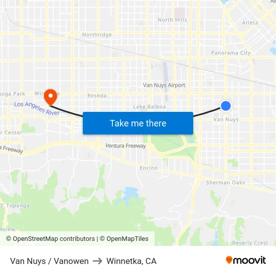 Van Nuys / Vanowen to Winnetka, CA map