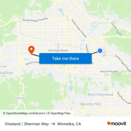 Vineland / Sherman Way to Winnetka, CA map