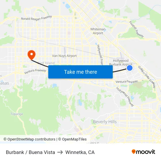 Burbank / Buena Vista to Winnetka, CA map