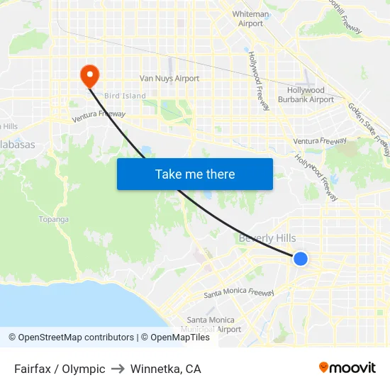 Fairfax / Olympic to Winnetka, CA map