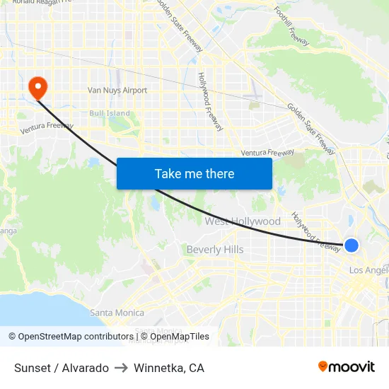 Sunset / Alvarado to Winnetka, CA map
