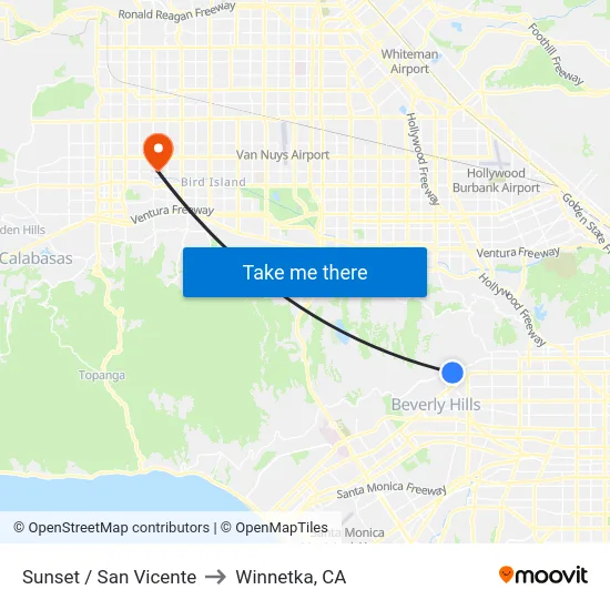 Sunset / San Vicente to Winnetka, CA map