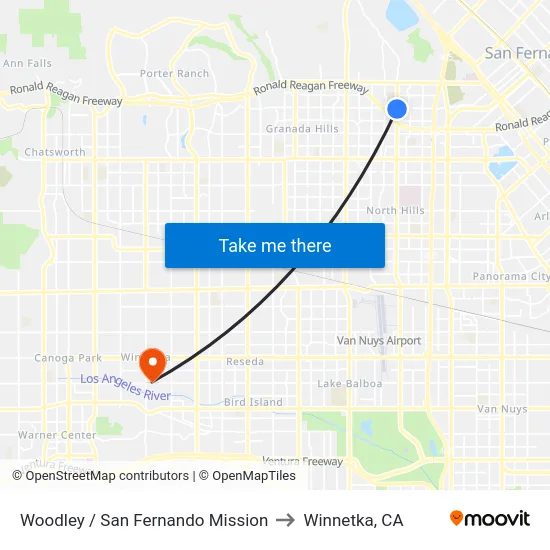 Woodley / San Fernando Mission to Winnetka, CA map