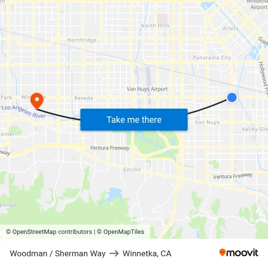 Woodman / Sherman Way to Winnetka, CA map