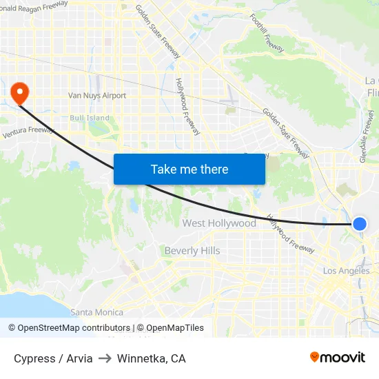Cypress / Arvia to Winnetka, CA map