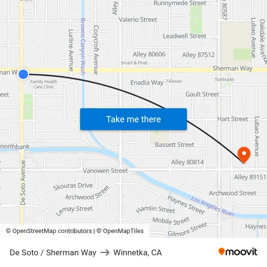 De Soto / Sherman Way to Winnetka, CA map