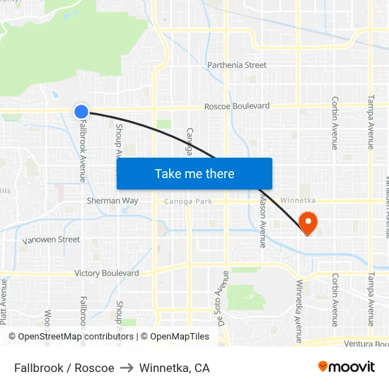 Fallbrook / Roscoe to Winnetka, CA map