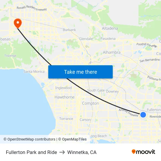 Fullerton Park and Ride to Winnetka, CA map