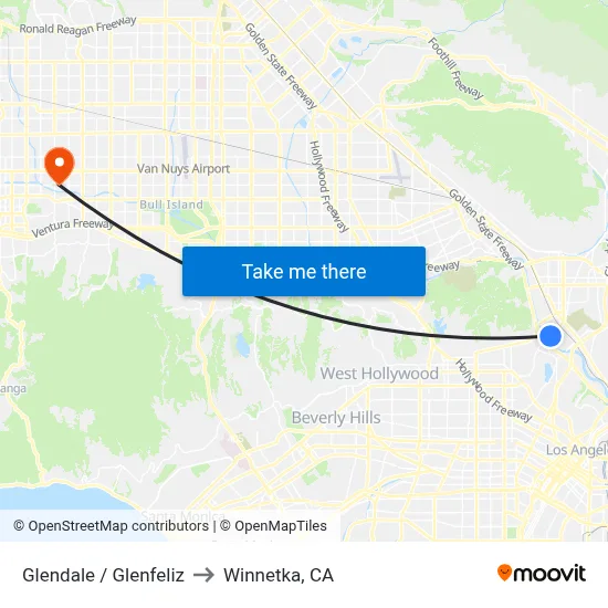 Glendale / Glenfeliz to Winnetka, CA map