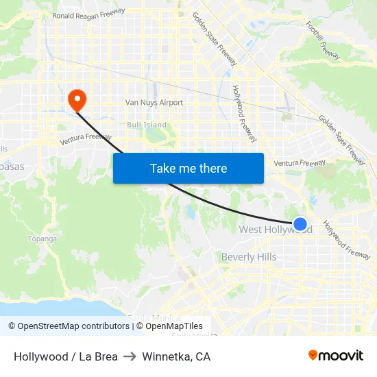 Hollywood / La Brea to Winnetka, CA map